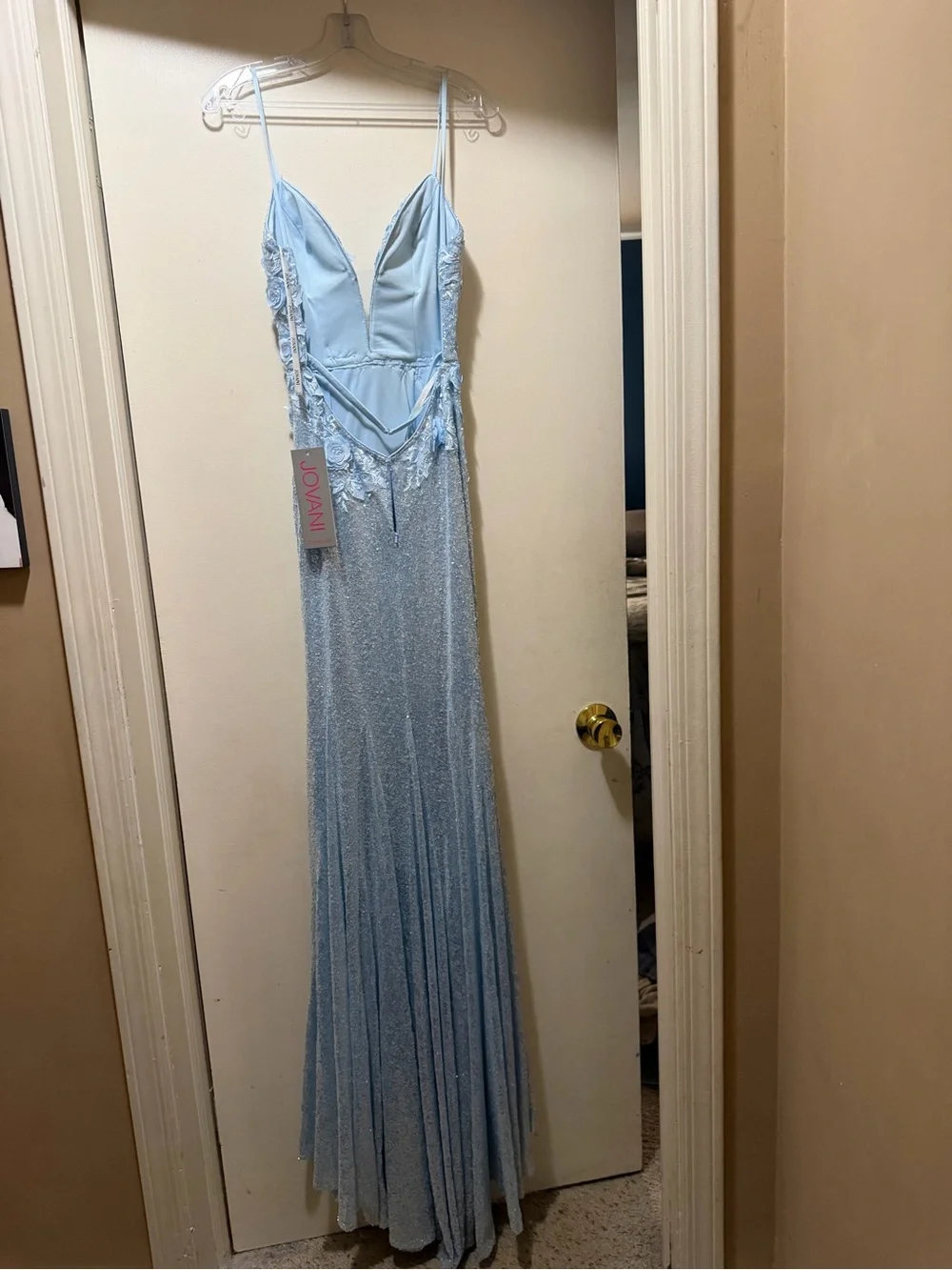 Jovani Light Blue Floral Appliqué Spaghetti-Strap Prom Gown - Picture 2 of 7